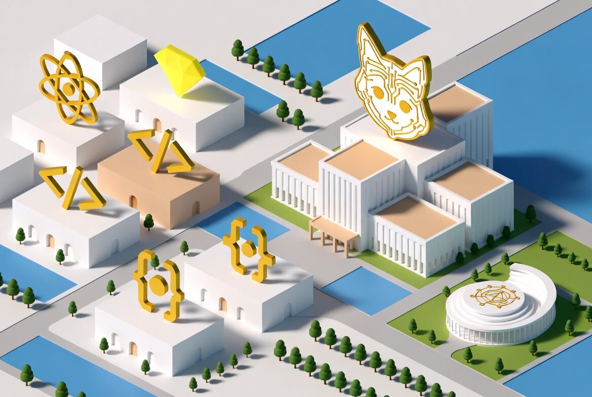 Isometric illustration of a small civic town with a city-hall style building, smaller buildings, a reflecting pool, trees, and a river.